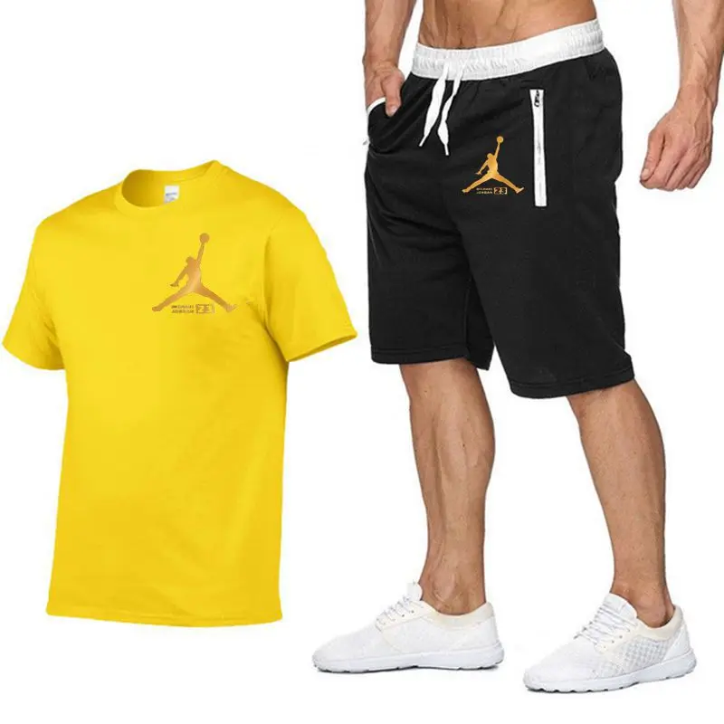 Новые мужские комплекты футболок FIL брендовые летние костюмы с принтом Повседневная мужская футболка спортивные костюмы комплект мужской футболки Модная одежда - Цвет: yellow