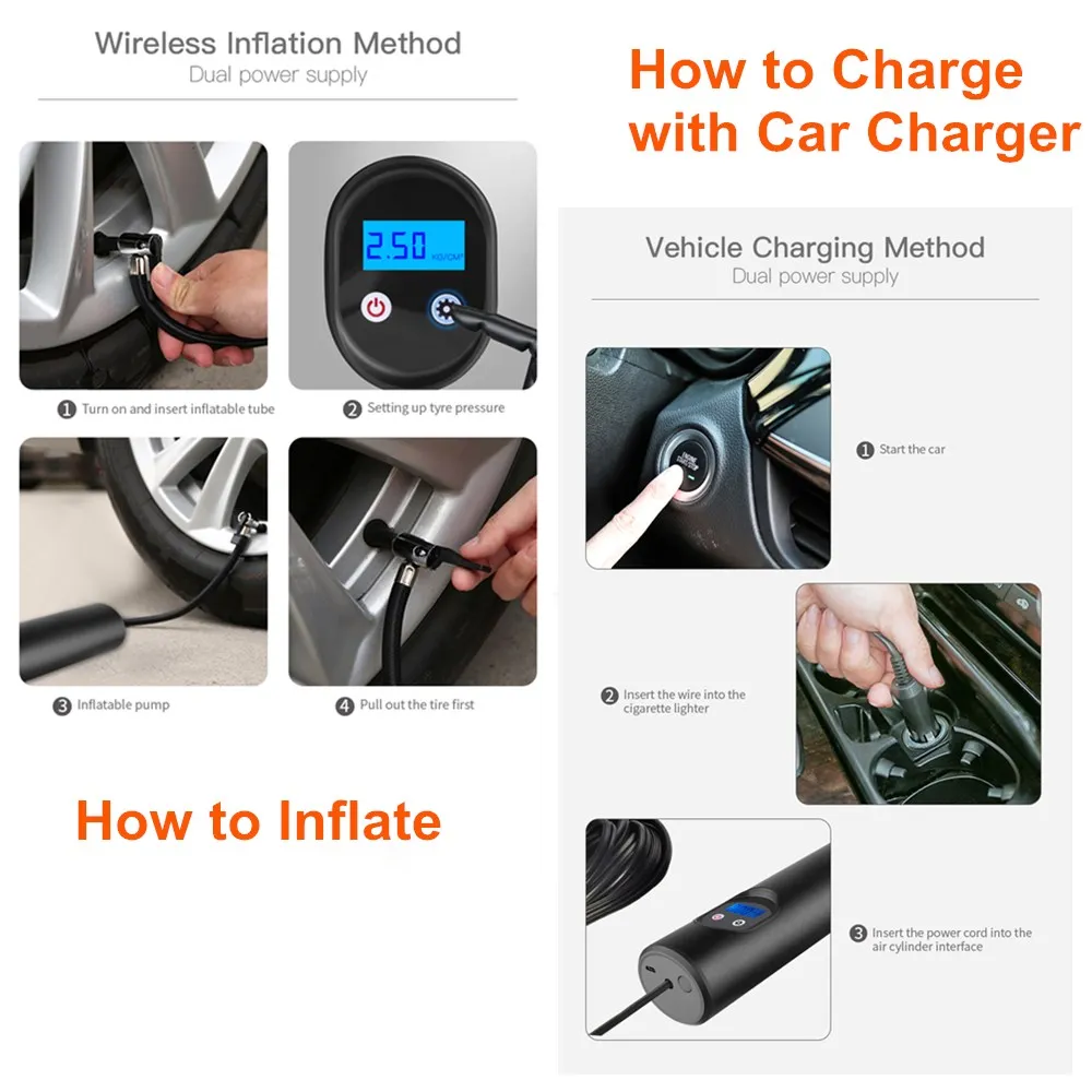  Bomba de aire inalámbrica portátil pantalla LCD compresor de coche USB 12V inflado rápido con cable
