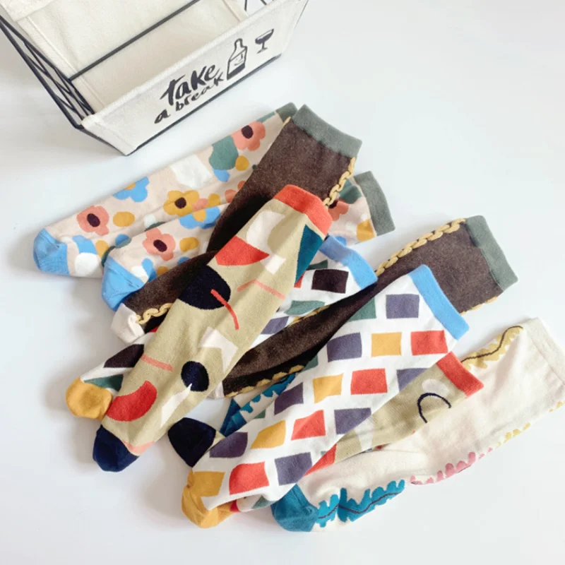 

European Graffiti Fashion Cotton Socks for Baby Boys and Girls 5 Pairs/lot Cotton Cartoon Knee-high Socks for 2-12Y Children