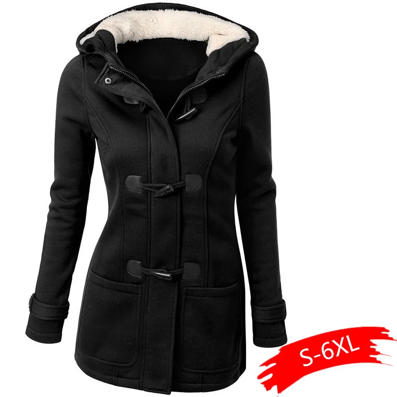 Women Trench Coat Women Wool Blend Overcoat Female Slim Long Hooded Coat Zipper Horn Button Outwear Plus Size