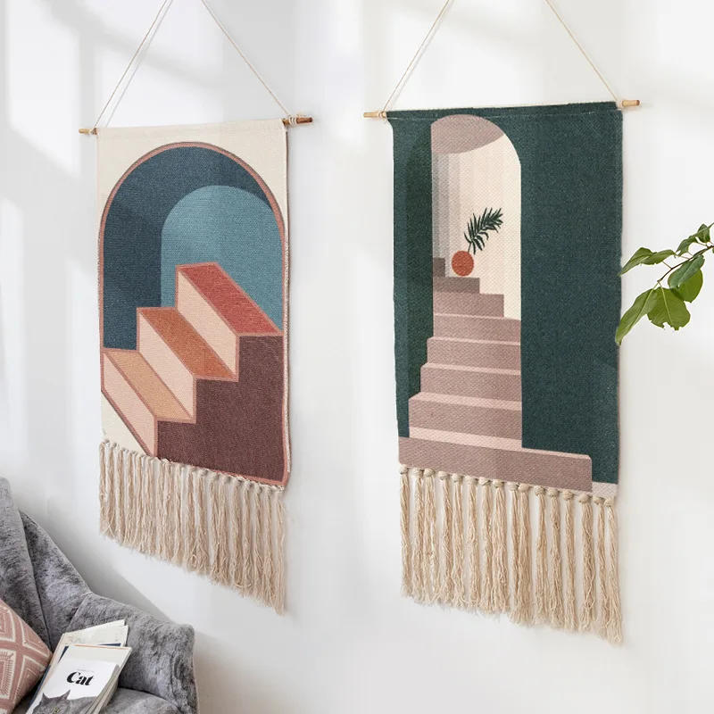 Nordic Art hanging cloth New Hand-knitted tassel tapestry Wall Hanging Handmade bohemian style Retro Home Decor cotton