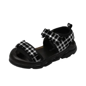 

2019 Summer Kid's Shoes Girl's Shoes Sandals Hook & Loop Plaid Round Toe Casual Flat Heels Non-slip 19111