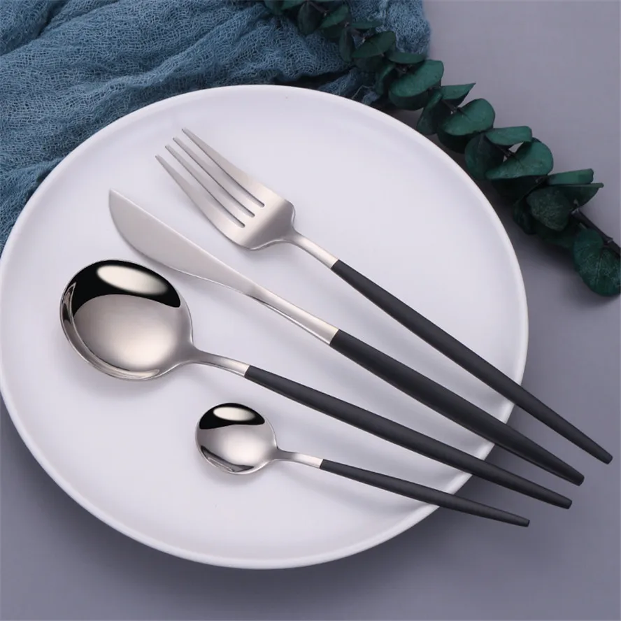 Black Silver Fork Spoon Knife Stainless Steel Cutlery Set Silverware Tableware Chopsticks Dinnerware IceTea Spoon Flatware Set cutlery set stainless steel cutlery set