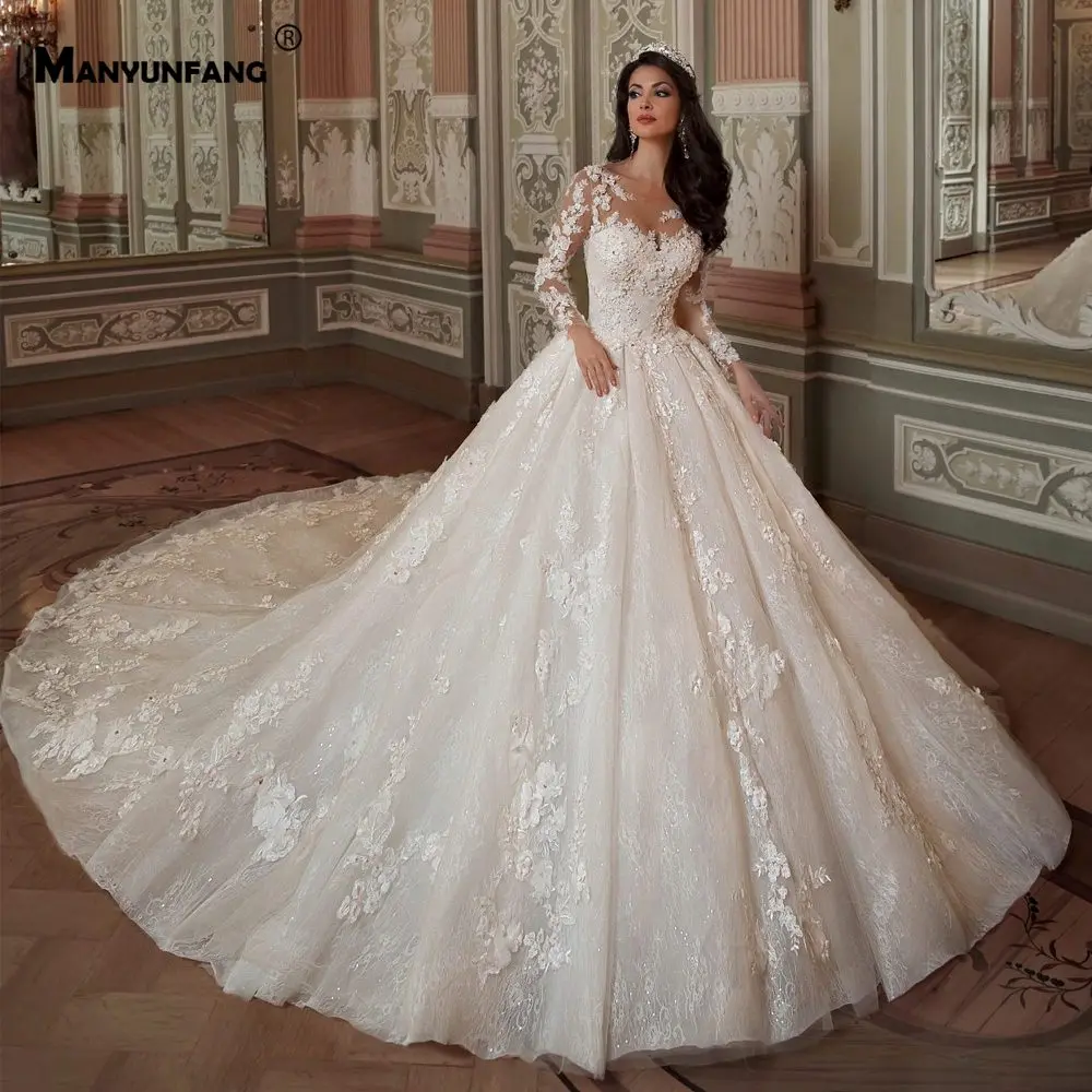 Слоновая кость MANYUNFANG трехмерные кружевные цветы vestidos de noiva размера плюс с длинным рукавом африканские Свадебные платья Тюль свадебное платье - Цвет: Слоновая кость