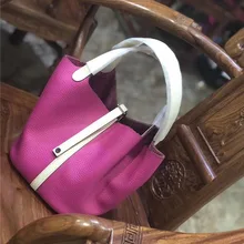 Кожаная корзина для овощей, сумка-мешок, сочетающаяся с цветом, Большая вместительная маленькая сумка с замком, женская сумка на запястье, первый слой из воловьей кожи