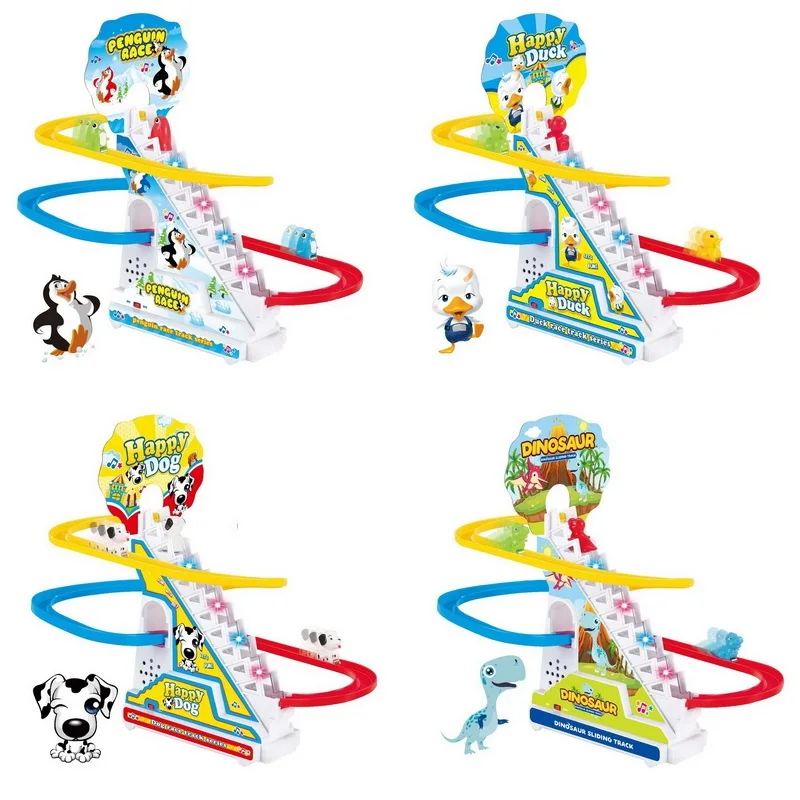 Tren de escalones para niños y niñas, juguete de pista de cerdo, música electrónica de dibujos animados clásicos, regalo de cumpleaños divertido y nuevo