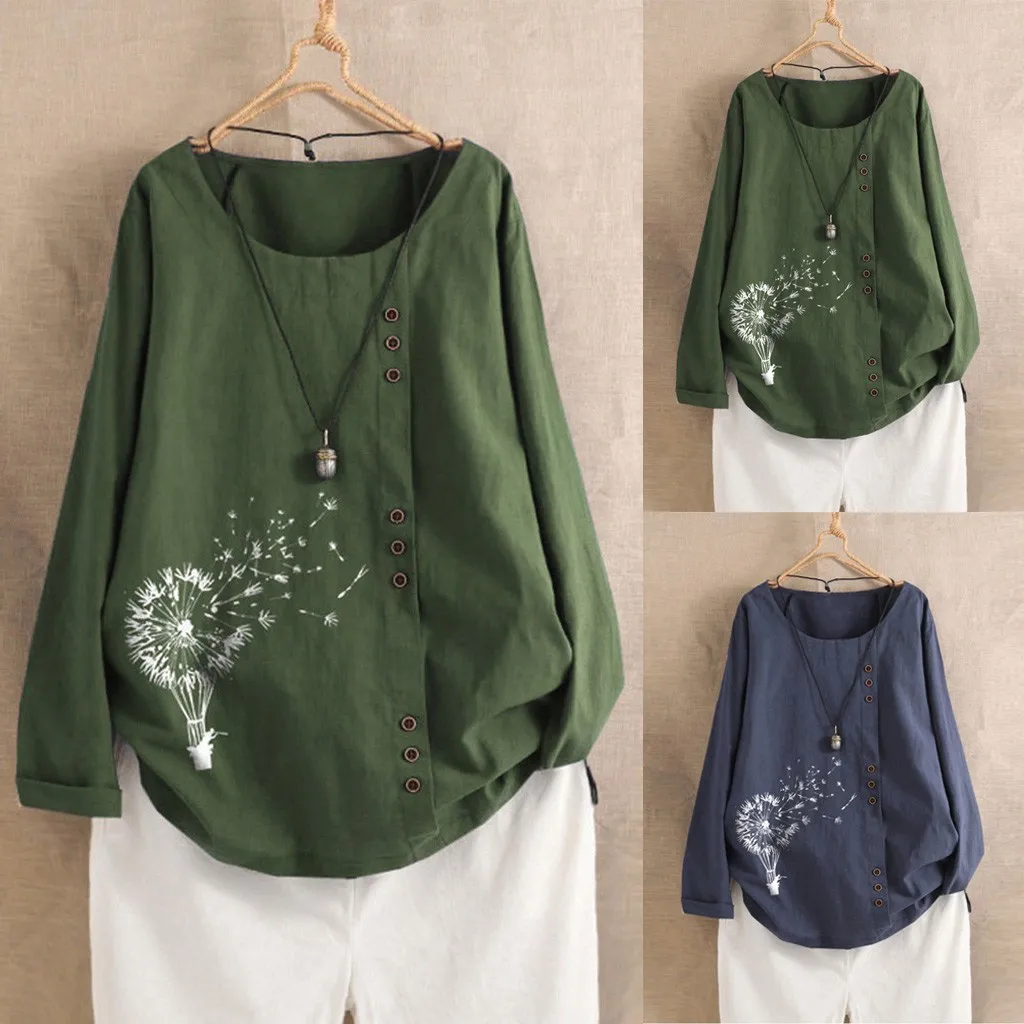 

Women Cotton&Linen Crew Neck Summer Baggy Tunic Top Shirt Blouse Plus Size Clothing Long Sleeve Boho Folk Soft Clothes
