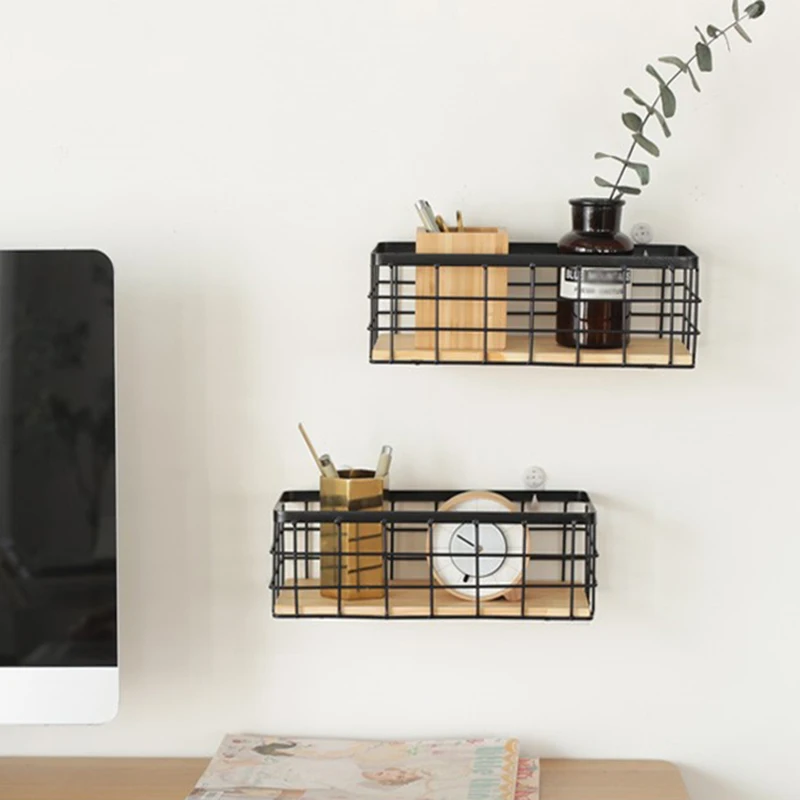 Iron Storage Baskets Removable Wooden Base Organizer Baskets Home Living Room Kitchen Wall-Mounted Shelves 6