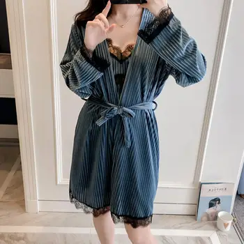 

2Pcs/set Sexy Women Robe & Gown Sets Lace Patchwork Strappy Dress Long Sleeve Belt Pijama Robe Sleepwear Set пижама женская