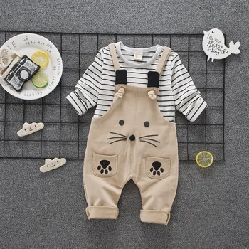 

Baby Boy Clothes Autumn Striped Long Sleeved T-shirts Tops + Mouse Overalls 2PCS Outfits Kids Bebes Suits Tracksuits Sportwear