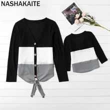 NASHAKAITE Mommy and me clothes Casual Stitching Button Sweaters Autumn Women Cardigans Girl Tops Matching Family Outfits