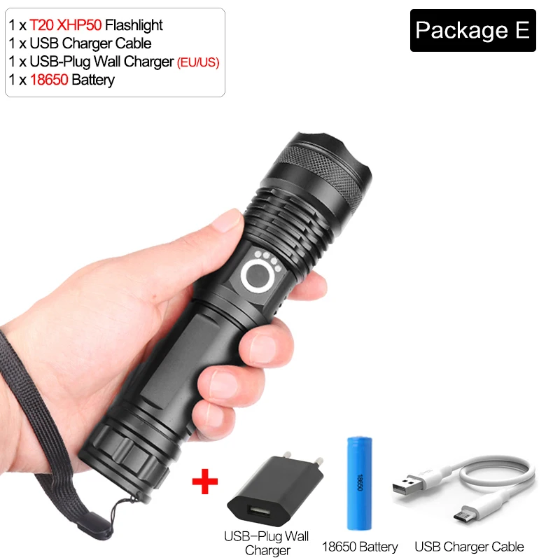 Package E XHP70 светодиодный фонарик USB Перезаряжаемый XHP50 светодиодный фонарь масштабируемый фонарик тактический фонарь с аккумулятором 18650 26650 - Испускаемый цвет: Package E