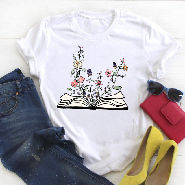 Flower Floral Book Cute Print Short Sleeve Ladies Summer T Tee Female Top Shirt Clothes Tshirt Womens Graphic T-shirt