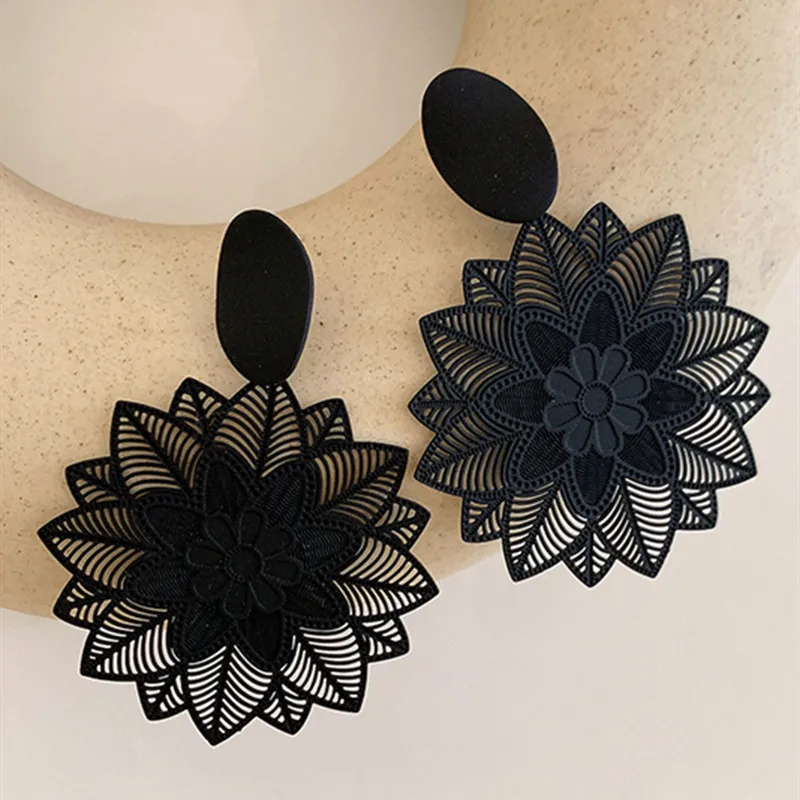 Vintage Black Forest Flower Big Hollow Pattern Earrings for Women Korean Exaggerated Temperament Gothic Accessories-flower earrings