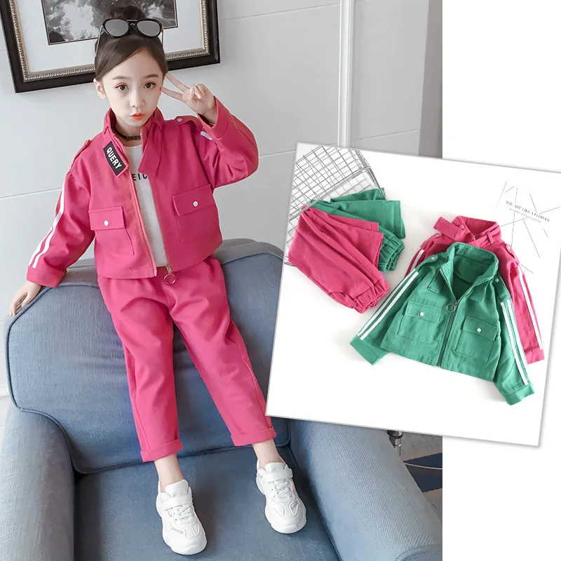 

2019 New Style Casual CHILDREN'S Suit Girls Autumn Clothing Long Sleeve Big Boy Children Webbing Cardigan Two-Piece Set Fashion
