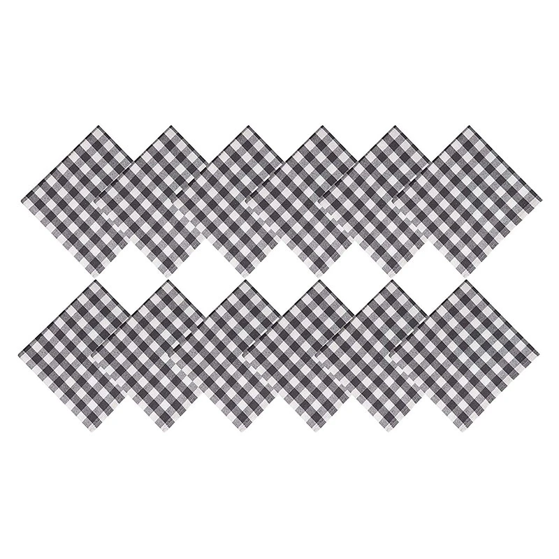 Cotton Dinner Napkins Black& White Check, Set of 12(20 x 20 Inches), over Sized, Embroidery and Print, Lint Free, Quick Dry, H