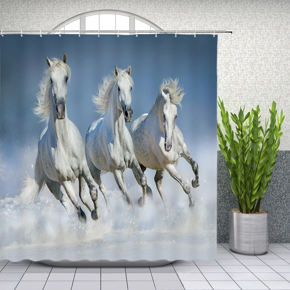 Black White Horse Shower Curtains Strong Animal Running on the Snow Bathroom Decor Home Bathtub Waterproof Polyester Curtain Set