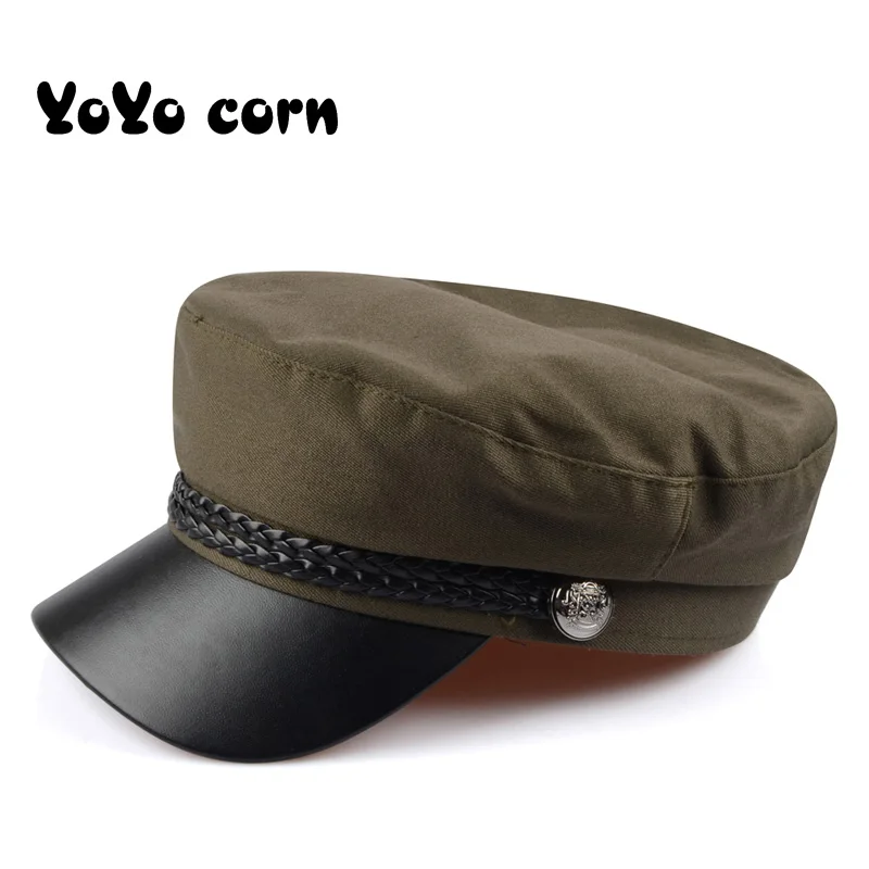 YOYOCORN, модная военная шапка из искусственной кожи, осенняя Морячка, шапка для женщин и мужчин, черная, серая, плоский верх, женская кепка для путешествий, Кепка Капитана - Цвет: Brown