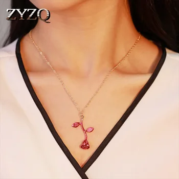 

ZYZQ Romantic Rose Flower With Leaves Necklace For Women Lovely Valentine's Day Gift For Girlfriend Silver Golden Color Necklace