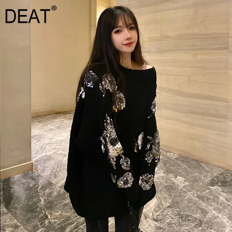  DEAT 2019 New Spring Stand Color Print Sequins Pullover Sweater Women Streetwear Loose Casual Tempe