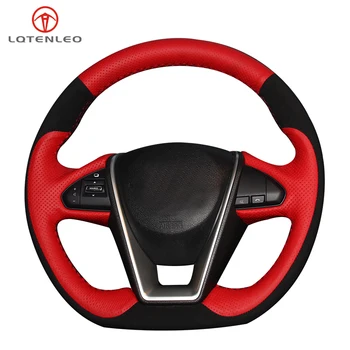 

LQTENLEO Black Suede Red Leather Hand-stitched Car Steering Wheel Cover For Nissan Lannia 2015-2019 Maxima 2016 2017 2018 2019