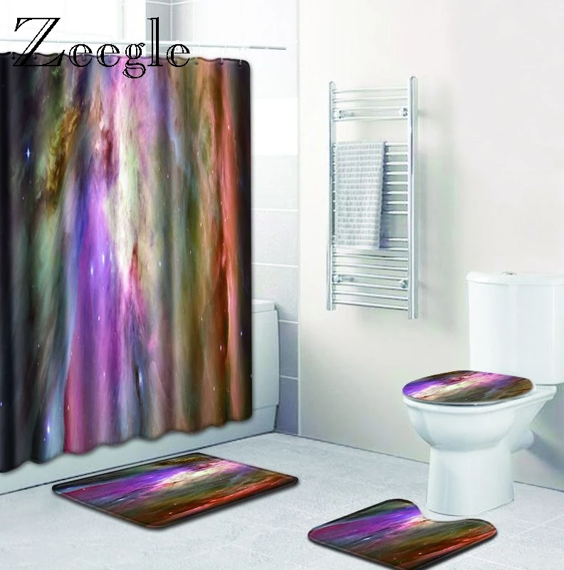 Zeegle 4pcs Bathroom Mat Set Waterproof Shower Curtain Anti Slip Bathroom Toilet Pedestal Rug Foot Mat Washable Bathroom Curtain