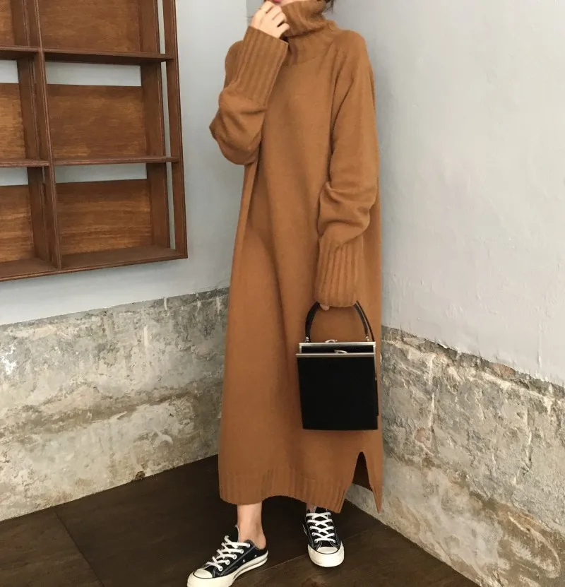 Осень, длинный стильный вязаный свитер с высоким воротником, платье, Модный пуловер, свитер, Свободный Повседневный однотонный плотный свитер, платье