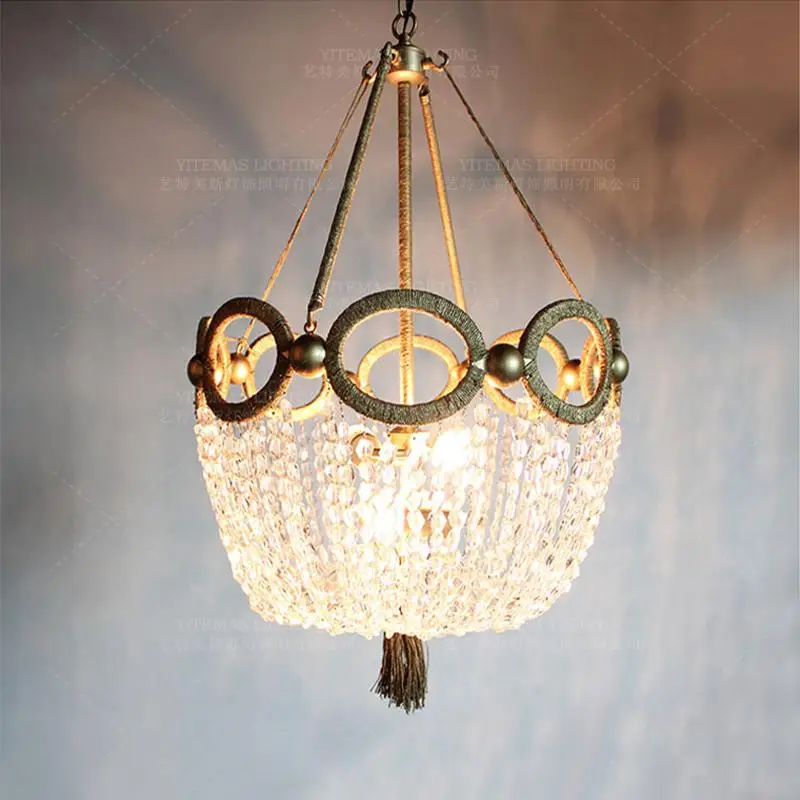 Золотой и хрустальный светильник люстра из пеньковой веревки подвесной кухонный