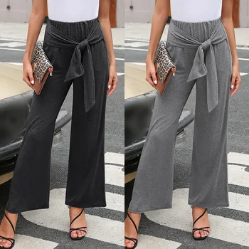 

Woman Casual Elastic Wide Leg Pants High Waist Long Pant Tie Loose Trousers