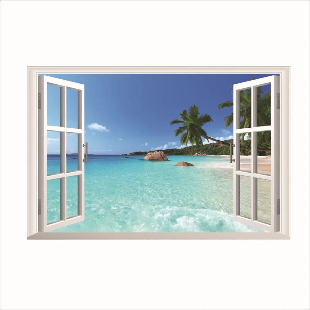 Летний пляж Кокосовая пальма 3D вид на окно стикер пляж настенные фрески Искусство Съемный стикер стены украшение гостиной