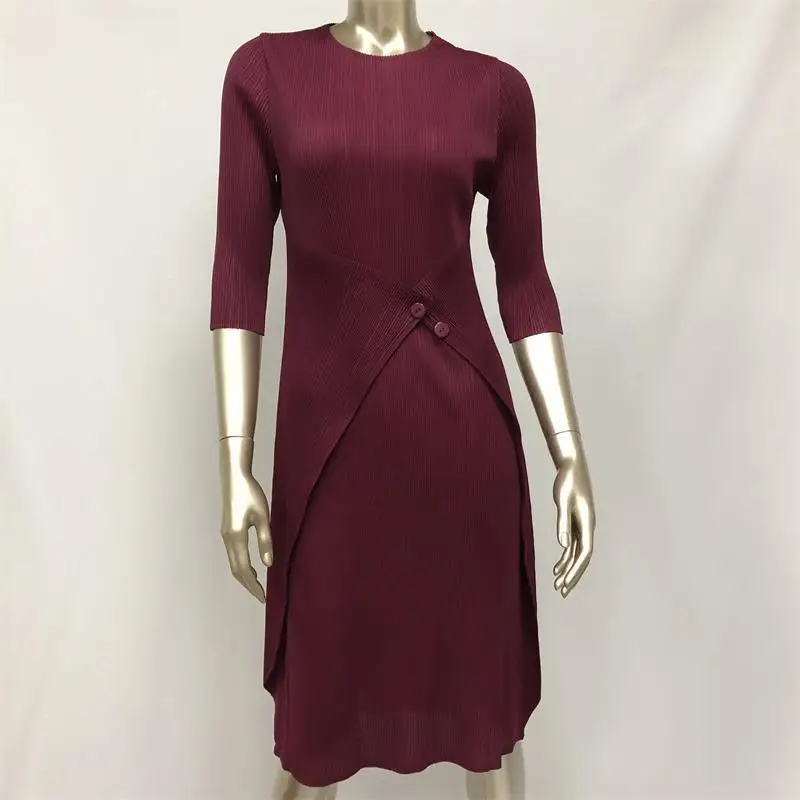 

LANMREM 2020 Spring Summer Round Collar Solid Color Mid-length Pleated Dress Women Vintage Slim Fit Popular Clothing Tide PD861