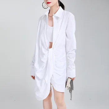 

2020 Autumn New Style Super Fire Fold-down Collar Long Sleeve Irregular Laziness Wind White Dress