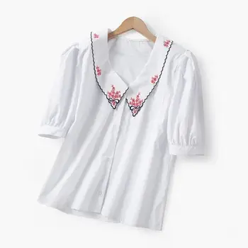 

Women Shirts 2020 Retro Doll Collar Flower Embroidery Craft Bubble Sleeve Shirt