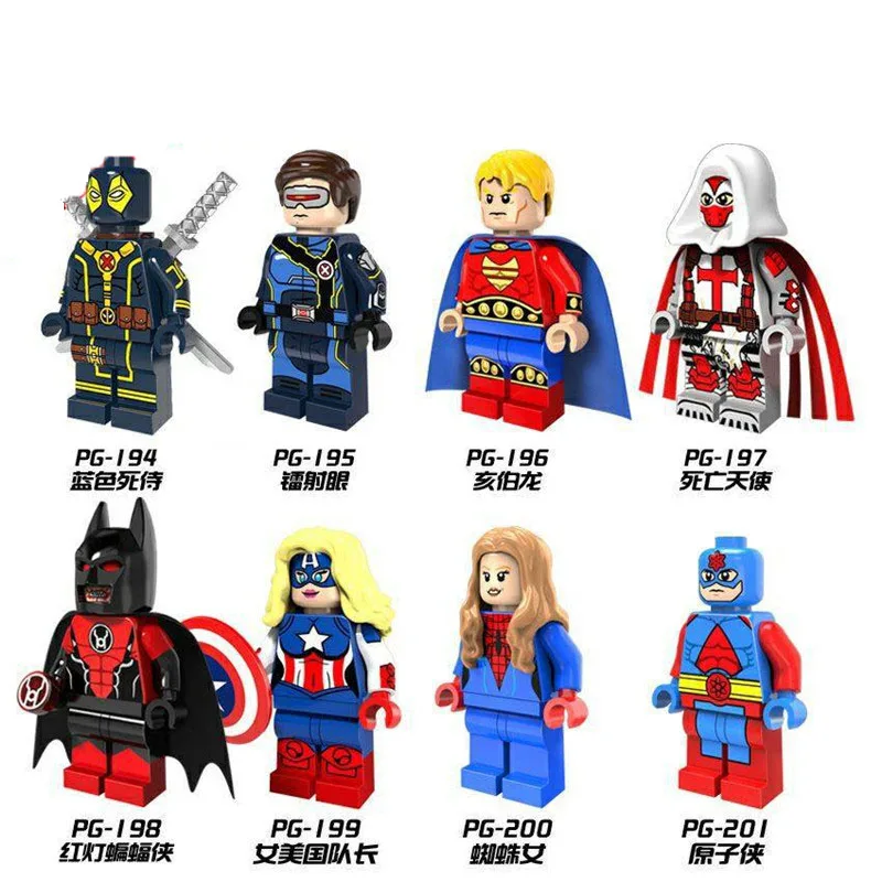

Building Blocks Super Heroes Batman Deadpool Atom Spider Woman Red Light Female Captain America Figures Toys For Children PG8056