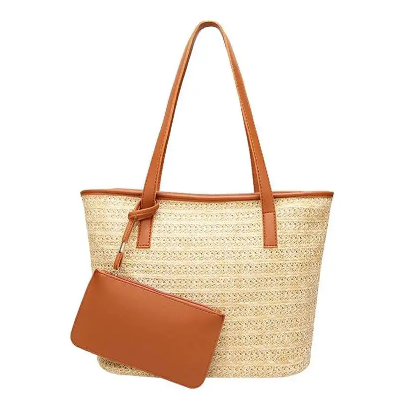 

ABZC-Fashion Women Casual Shoulder Bag Straw Bags Woven Bucket Bag Handbag (Brown)