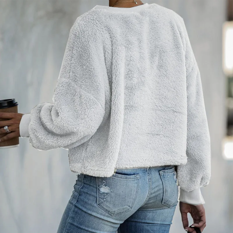 Autumn Winter Faux Fur Fuzzy Pullover Tops Women Long Sleeve Round Neck Casual Sweatshirts