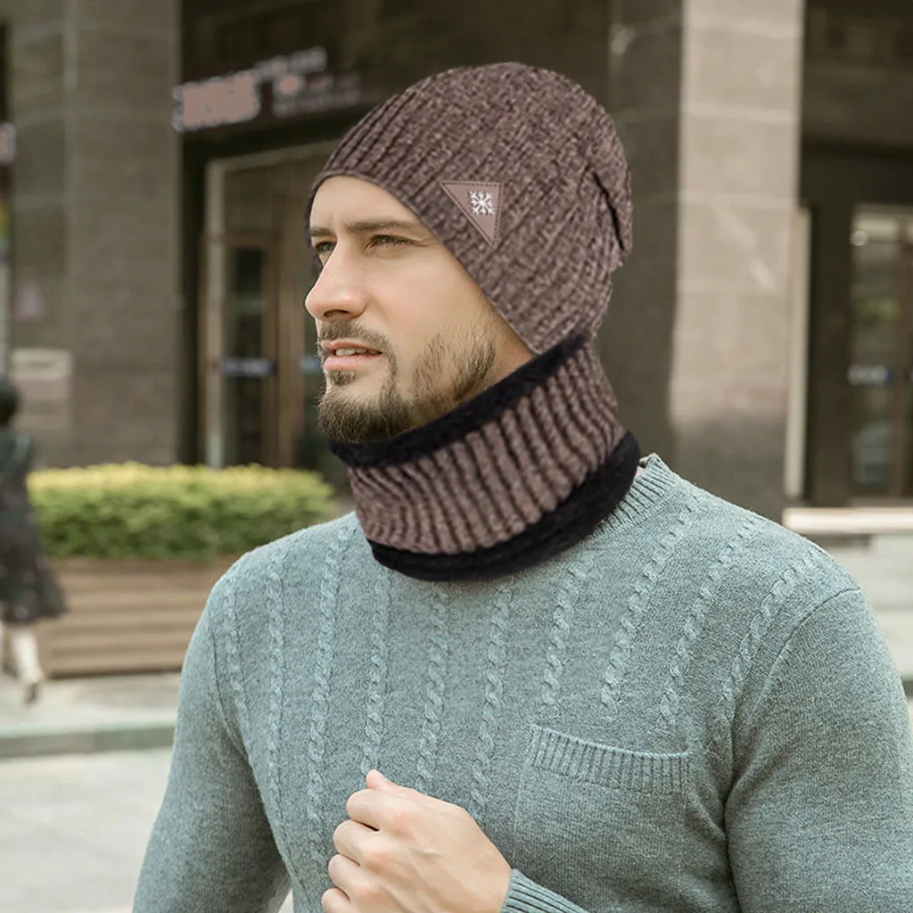 Хаки Beanies, зимняя шапка, мужская шапка, зимняя шапка, одноцветная шапка с воротником, набор, плюс бархат, толстая вязаная шапка и глушитель, шапка бини, Muts#2O21 - Цвет: Хаки