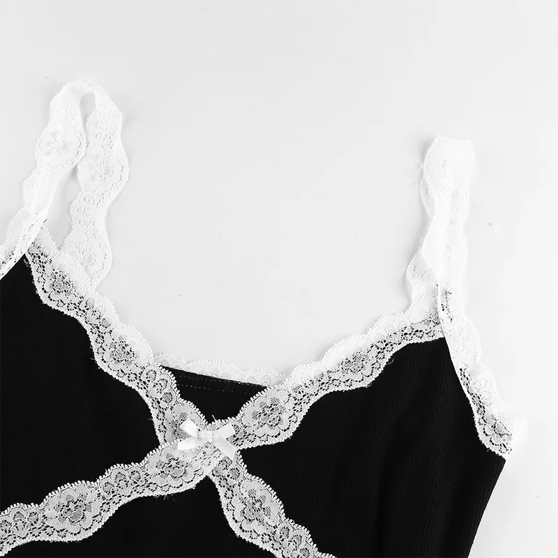 ALLNeon E-girl Y2K Spaghetti Strap V-neck Black Camis Dresses 90s Vintage Chic Criss-cross with Lace Ribbed Mini Party Dress