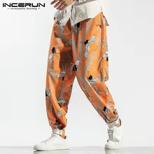 INCERUN, мужские шаровары в китайском стиле с принтом Журавля, модные мешковатые мужские повседневные брюки, удобные эластичные спортивные штаны для бега