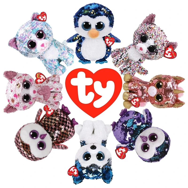 15CM Ty Flippables Cat Penguin Owl Spider Dog Unicorn Narwhal Glittering Reversible Sequin Doll Plush Toy Children Birthday Gift
