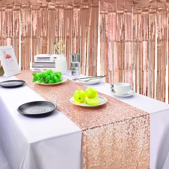 

6 Pieces Rose Gold Party Decoration Kit,2 Pcs12 By 108 Inch Glittery Sequin Table Runner and 4 Pcs Metallic Foil Fringe Curtains
