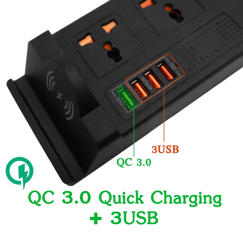 Tira de Energia Inteligente com Carregador sem Fio Carregador Rápido Desktop Tomada Estação Carregamento 3ac Interruptor Soquete Universal 2usb +qc 3.0 - Image 6