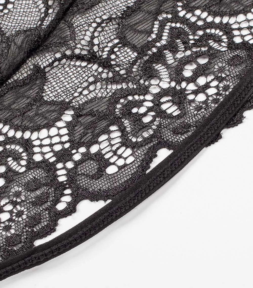 SEBOWEL Sexy Women's Black Rose Appliques Sheer Lace Teddies Bodysuits