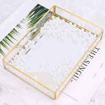 

HOT Nordic Storage Tray Gold Rectangle Glass Makeup Organizer Acrylic Vintage Plate for Dessert Jewelry Display Home Decor