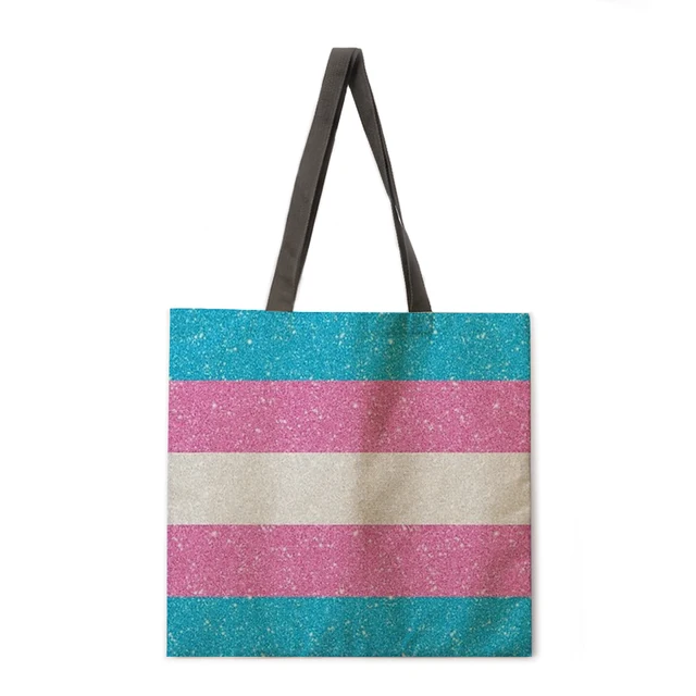 Ladies Shoulder Bag Rainbow Stripe Printing Casual Handbag Linen Fabric Handbag Reusable Shopping Bag Foldable Beach Bag Handbag 13