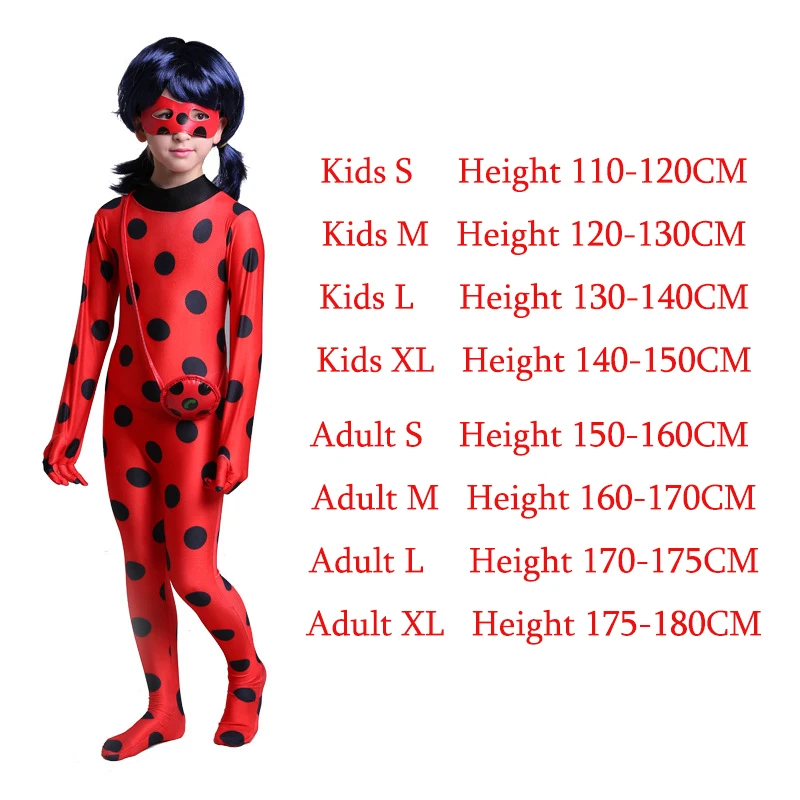 

4Pcs Cosplay Girls Mira Ladybug Costume Red Adult Bugaboo Lady bug Kids Jumpsuit Cartoon Wig Mask Halloween Children's Costumes