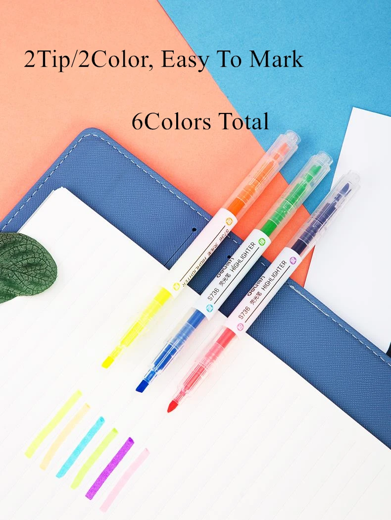 Dual Tip Highlighter Set - 6 Color Double-Ended Markers 3 Pcs