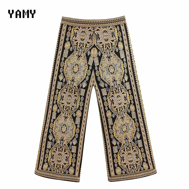 

Elastic high waist Womens Knitted Pant Trousers zoravicky stylish yellow geometric Winter Wide leg Pant Female chic Sweatpant