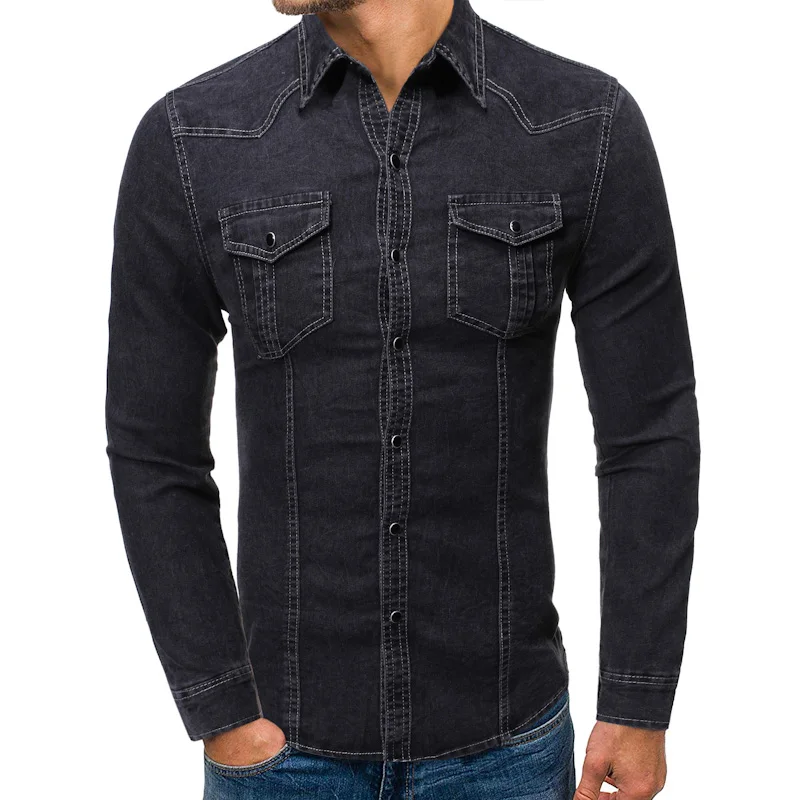 Новая модная Повседневная джинсовая рубашка мужская приталенная рубашка с длинным рукавом хлопок винтажная состаренная Однотонная рубашка мужская брендовая одежда
