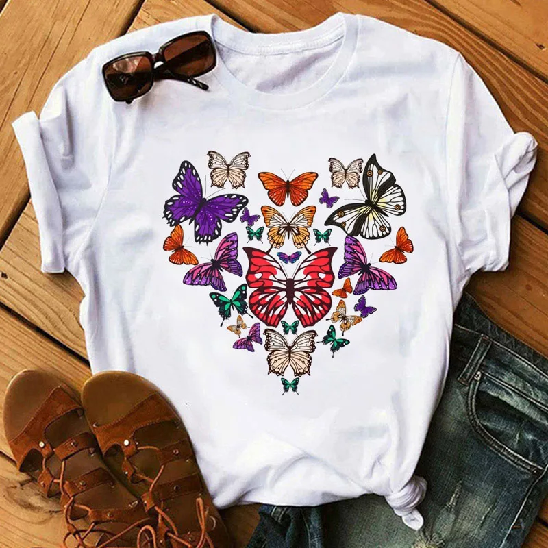 New Butterfly Heart Printed T Shirt Fashion Women T Shirt Female Harajuku Cute Graphic Tee Shirts Women Summer O-neck T-shirt shawn mendes funny printed t shirts women harajuku ullzang fashion t shirt 90s graphic funny print tshirt summer top tees female